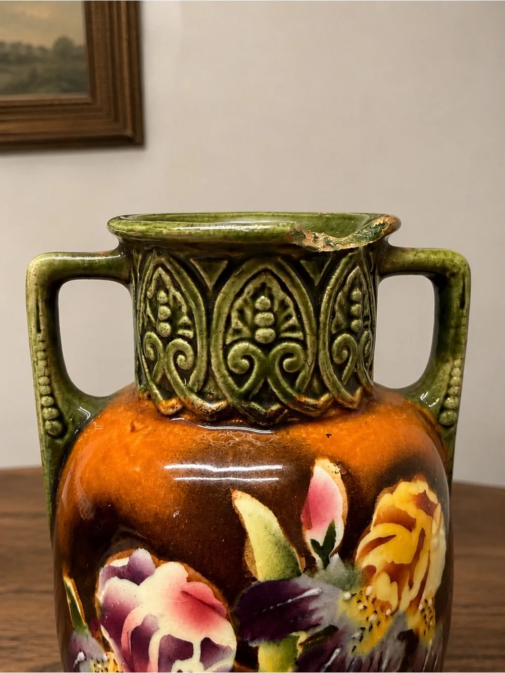 Antique Art Nouveau Hand Painted Floral Pottery Vase Green Handles 8” AS IS
